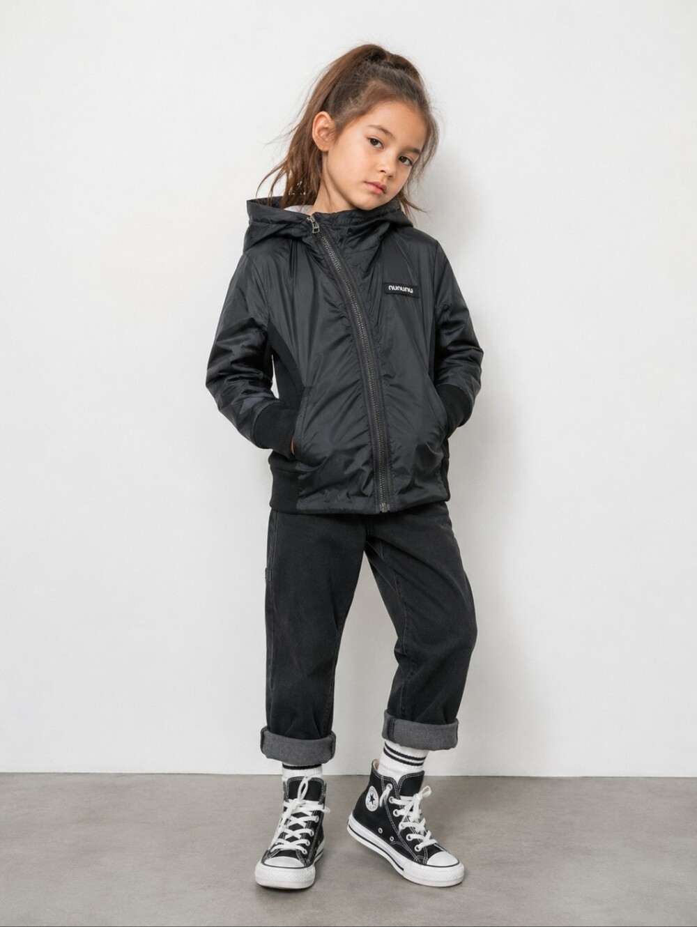 Nununu Kids Lightweight Hooded Jacket Black Full Zip Unisex Size 6-7Y